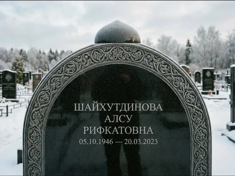 Мусульманский памятник: полукруглая стела с купольным навершием — гравировка мечети под полумесяцем и звёздами, заснеженный зимний участок, работа «Ганиева» в Якутске