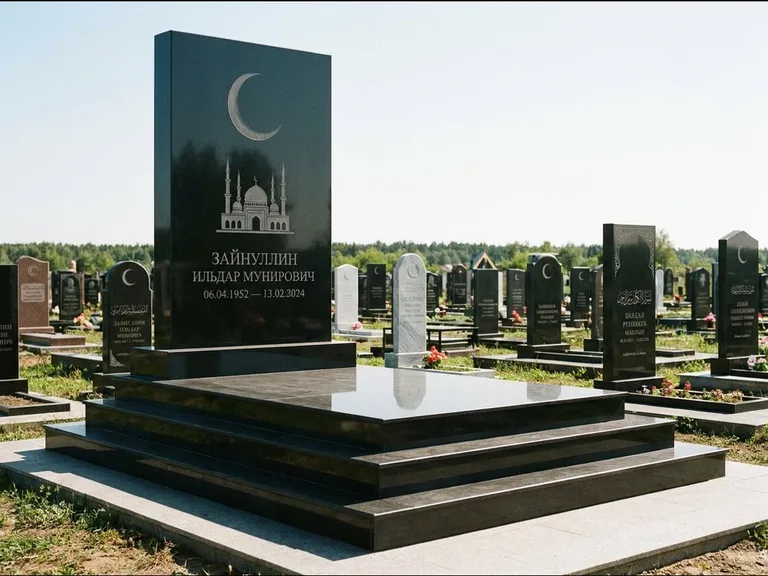 Мусульманский памятник: массивная стела на ступенчатом постаменте — гравировка мечети под полумесяцем и звёздами, гранитная площадка без ограды, работа «Хабибуллин» в Якутске