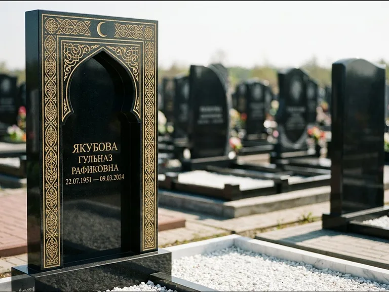 Мусульманский памятник: стела в форме михраба с глубокой нишей и золочёным орнаментом — детализированная гравировка мечети Кул-Шариф, участок с белой мраморной крошкой, работа «Мустафин» в Якутске
