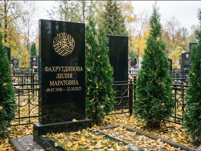 Мусульманский памятник — шахада в верхней части стелы, работа «Фахрутдинова» в Якутске