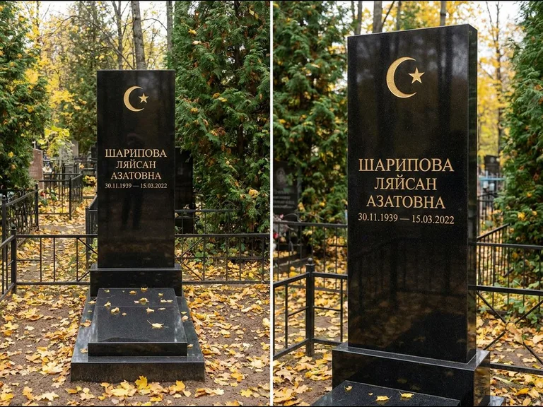 Памятник с гравировкой полумесяца — золочёная гравировка полумесяца со звездой в верхней части с, работа «Шарипова» в Якутске