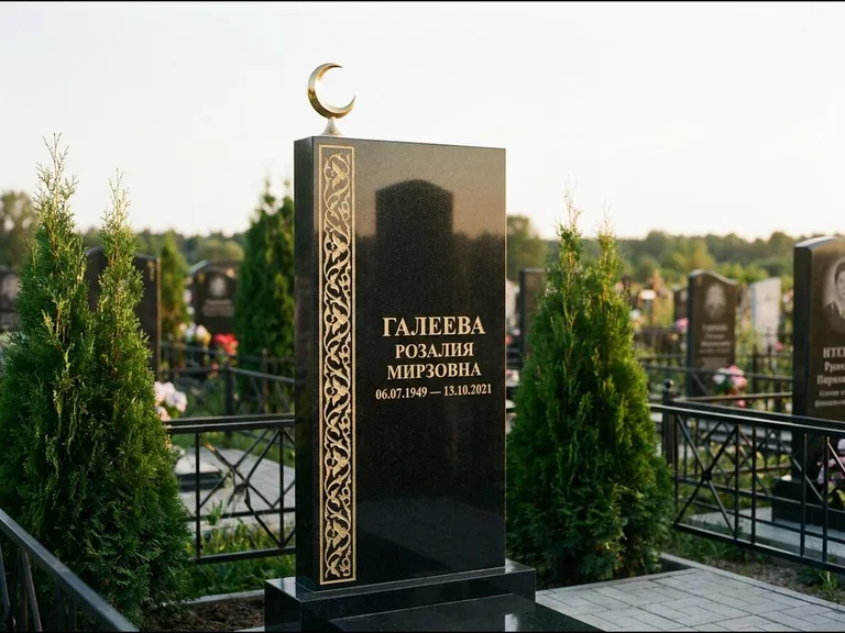 Памятник с гравировкой полумесяца — золочёный полумесяц и колонна растительного орнамента-ислими, работа «Галеева» в Якутске