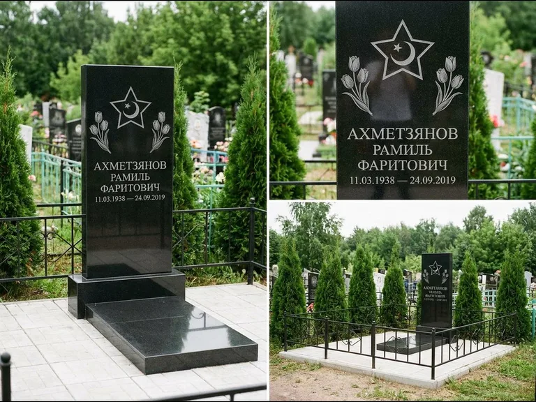 Памятник с гравировкой полумесяца — гравировка полумесяца со звездой и тюльпанами по бокам, работа «Ахметзянов» в Якутске