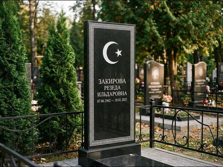 Памятник с гравировкой полумесяца — строгая белая гравировка полумесяца со звездой и орнаменталь, работа «Закирова» в Якутске