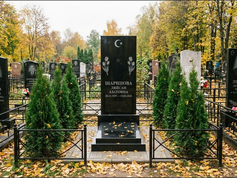 Памятник с гравировкой полумесяца — гравировка полумесяца со звездой и тюльпанами по бокам, работа «Шарипова» в Якутске