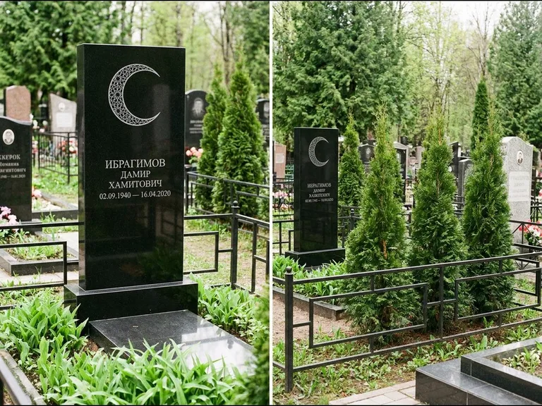 Памятник с гравировкой полумесяца — гравировка полумесяца в геометрическом орнаменте-гирихе, работа «Ибрагимов» в Якутске