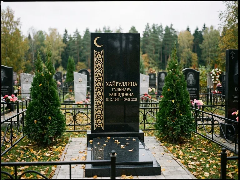Памятник с гравировкой полумесяца — золочёный полумесяц и колонна растительного орнамента-ислими, работа «Хайруллина» в Якутске