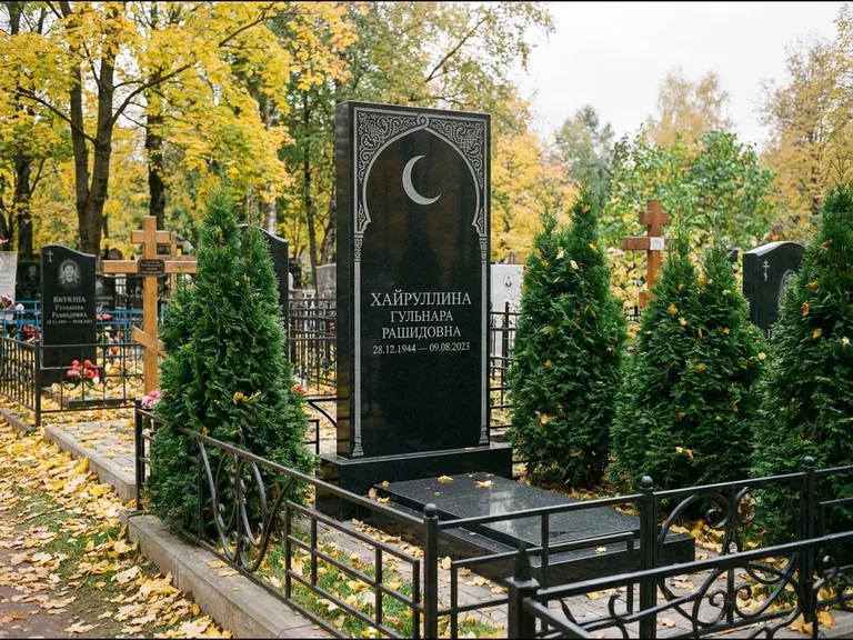 Памятник с гравировкой полумесяца — гравировка полумесяца в восточной арке с орнаментом, работа «Хайруллина» в Якутске