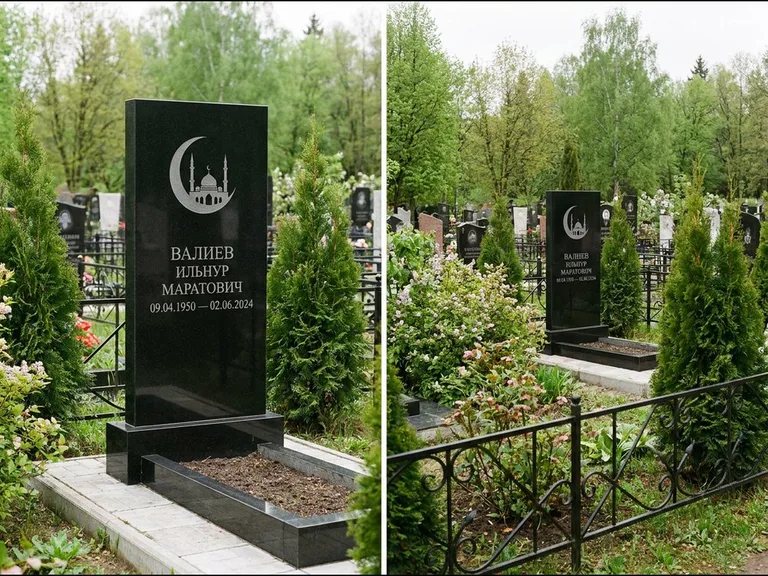 Памятник с гравировкой полумесяца — гравировка полумесяца над силуэтом мечети, работа «Валиев» в Якутске