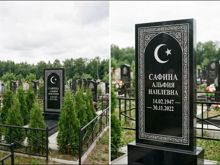 Памятник с гравировкой полумесяца — строгая белая гравировка полумесяца со звездой и орнаменталь, работа «Сафина» в Якутске