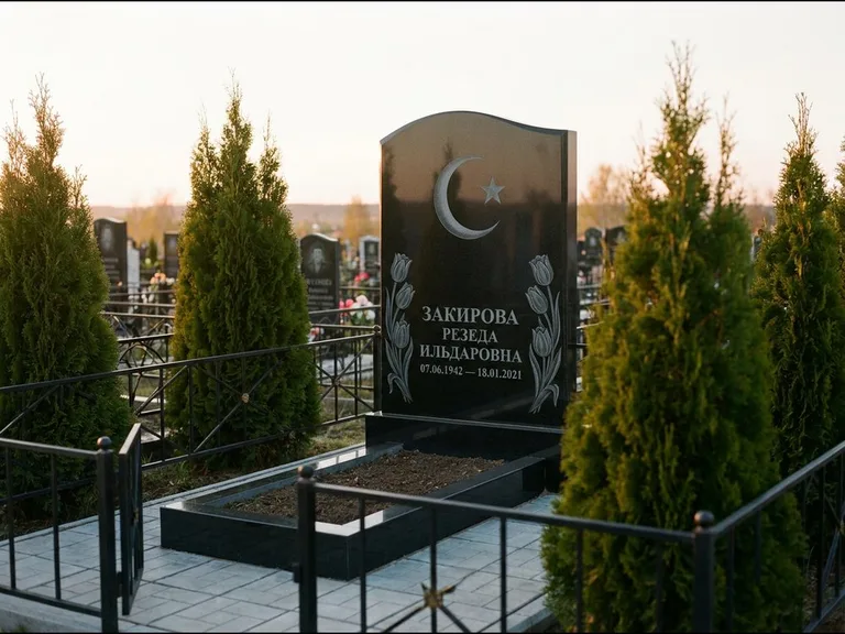 Памятник с гравировкой полумесяца — гравировка полумесяца со звездой и тюльпанами по бокам, работа «Закирова» в Якутске