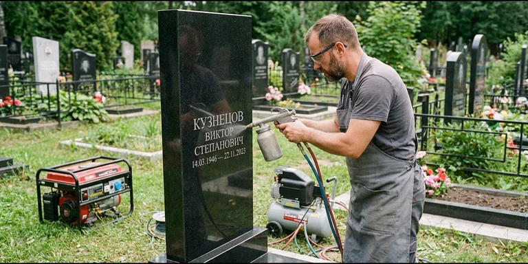 Гравировка на памятнике с выездом на кладбище в Якутске — мастер гравирует установленный памятник