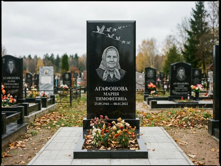 Гравировка журавлей на памятник в Якутске — памятник из чёрного гранита с гравировкой