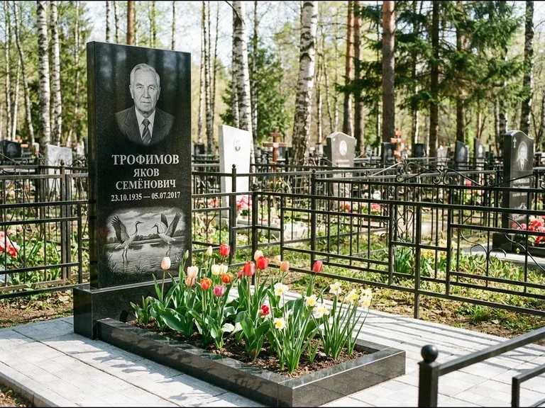 Памятник с гравировкой журавлей — гравировка пары журавлей над гладью озера в нижней части, работа «Трофимов» в Якутске