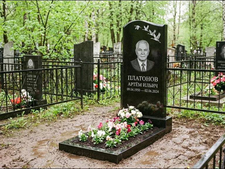 Памятник с гравировкой журавлей — белая гравировка клина журавлей, уходящего в верхний угол ст, работа «Платонов» в Якутске