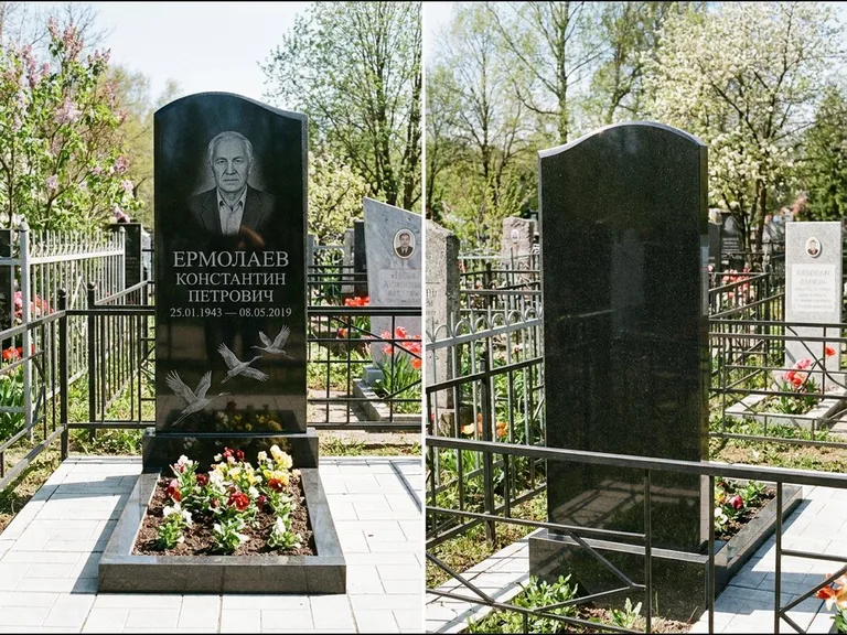 Памятник с гравировкой журавлей — гравировка трёх журавлей по диагонали через свободное поле с, работа «Ермолаев» в Якутске