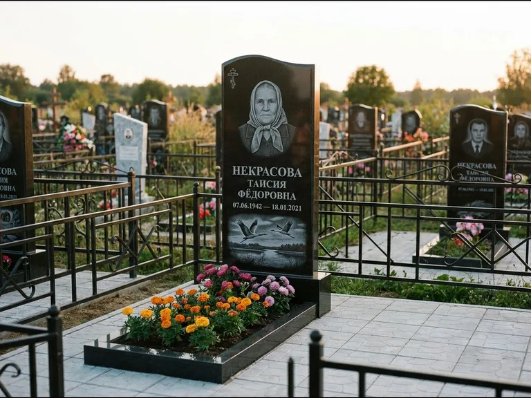 Памятник с гравировкой журавлей — гравировка пары журавлей над гладью озера в нижней части, работа «Некрасова» в Якутске