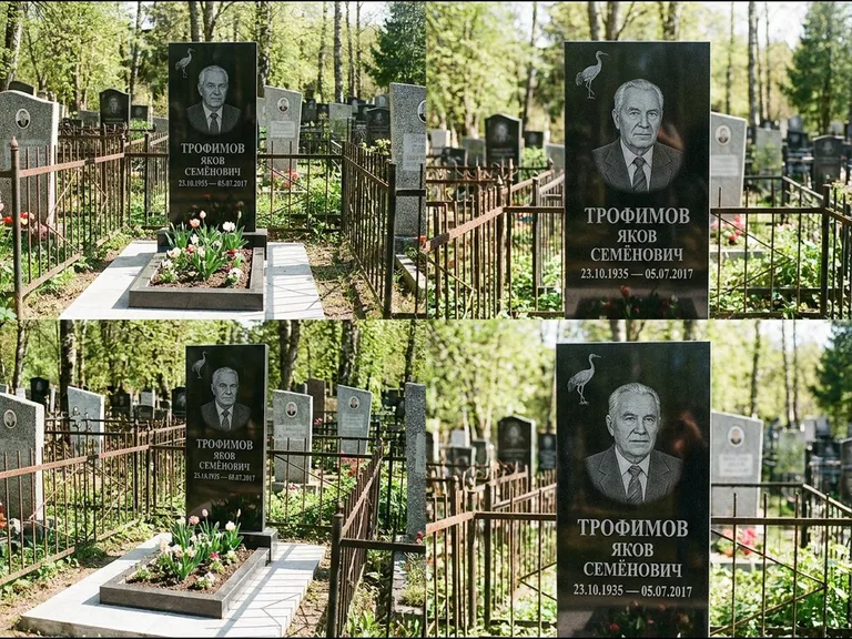 Памятник с гравировкой журавлей — гравировка одиночного летящего журавля над портретом, работа «Трофимов» в Якутске