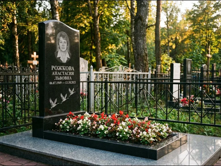 Памятник с гравировкой журавлей — гравировка трёх журавлей по диагонали через свободное поле с, работа «Рожкова» в Якутске
