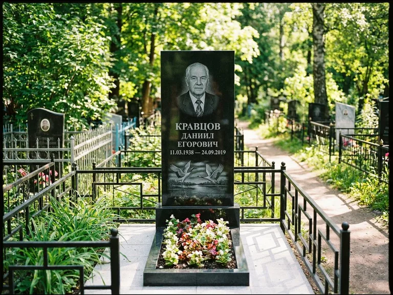 Памятник с гравировкой журавлей — гравировка пары журавлей над гладью озера в нижней части, работа «Кравцов» в Якутске