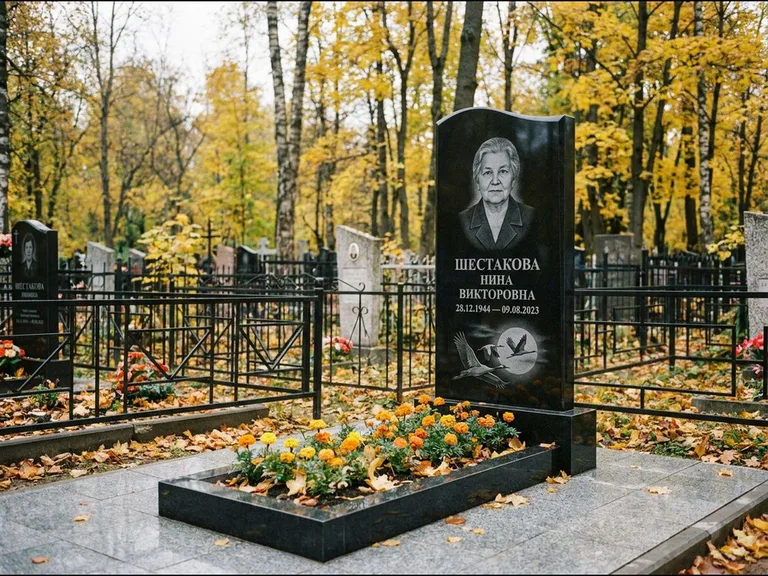 Памятник с гравировкой журавлей — гравировка клина журавлей на фоне солнечного диска, работа «Шестакова» в Якутске
