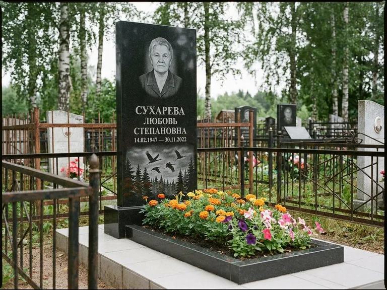 Памятник с гравировкой журавлей — гравировка силуэтов журавлей над еловым лесом, работа «Сухарева» в Якутске
