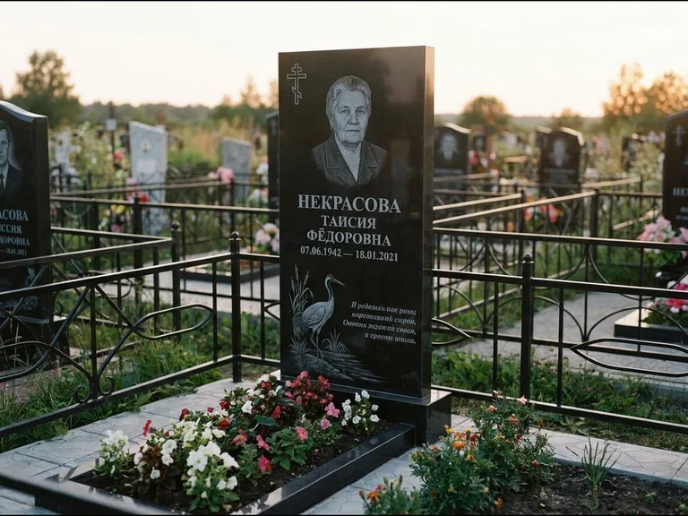 Памятник с гравировкой журавлей — гравировка журавля у камышей рядом с эпитафией, работа «Некрасова» в Якутске