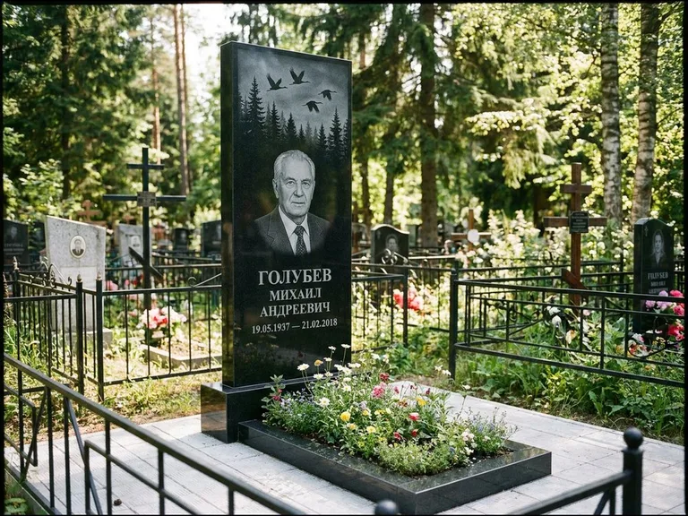 Памятник с гравировкой журавлей — гравировка силуэтов журавлей над еловым лесом, работа «Голубев» в Якутске