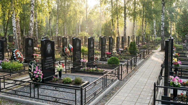 Гранитный памятник на ухоженном участке Ново-Волковского кладбища в Санкт-Петербурге