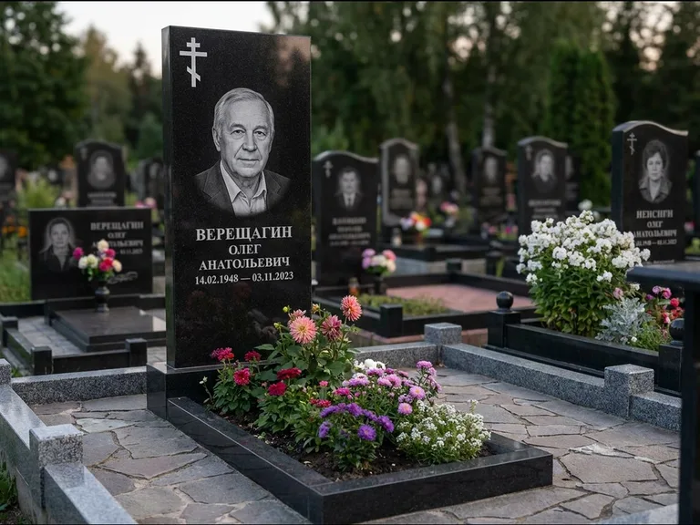 Памятник из чёрного гранита — горизонтальная плита-стела с православным восьмиконечным крестом, работа «Тихонов» в Якутске