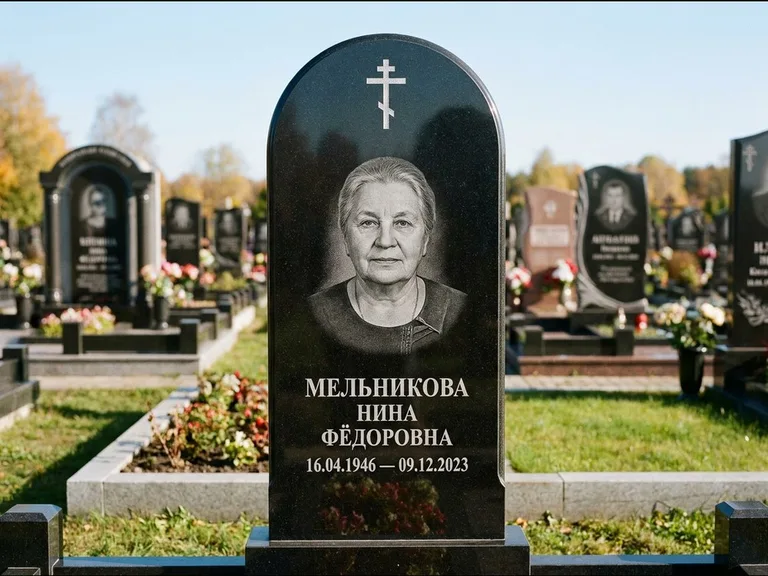 Памятник из чёрного гранита — стела с резным навершием с латинским крестом, работа «Савельева» в Якутске