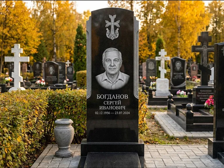 Памятник из чёрного гранита — круглая стела-медальон с армянским хачкаром, работа «Ковалёв» в Якутске