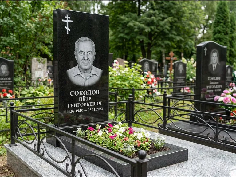 Памятник из чёрного гранита — стела с арочным верхом с православным восьмиконечным крестом, работа «Ковалёв» в Якутске