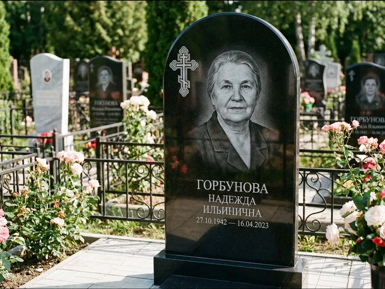 Памятник из чёрного гранита — стела с боковой колонной с крестом в лучах, работа «Мельникова» в Якутске