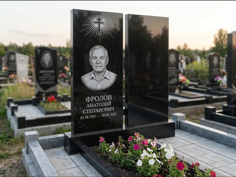 Памятник из чёрного гранита — стела на ступенчатом постаменте с золочёным крестом, работа «Богданов» в Якутске