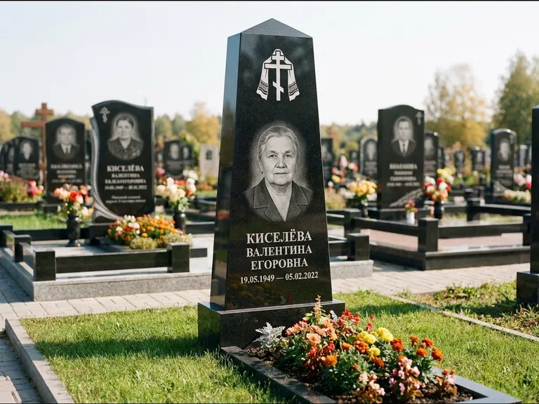 Памятник из чёрного гранита — стела со скошенным верхом с ажурным резным крестом, работа «Селезнёва» в Якутске