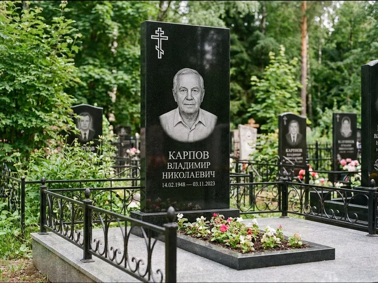 Памятник из чёрного гранита — узкая стела с ажурным крестом с православным восьмиконечным крестом, работа «Гущин» в Якутске