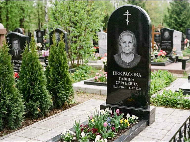 Памятник из чёрного гранита — стела с цветником-плитой с латинским крестом, работа «Лаврентьева» в Якутске