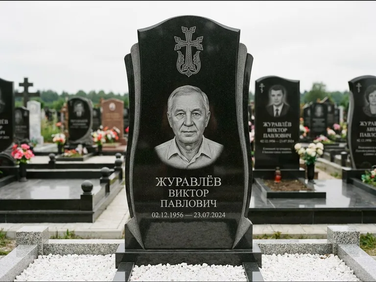 Памятник из чёрного гранита — панорамная стела с армянским хачкаром, работа «Тихонов» в Якутске