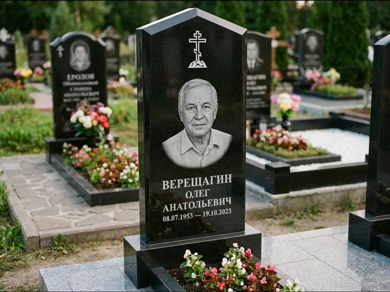 Памятник из чёрного гранита — обелиск-колонна с крестом на Голгофе, работа «Ковалёв» в Якутске
