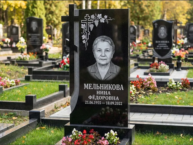Памятник из чёрного гранита — стела с резной рамкой с крестом с распятием, работа «Некрасова» в Якутске