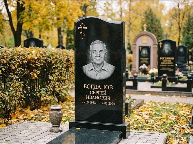Памятник из чёрного гранита — стела с цветником с процветшим крестом с виноградной лозой, работа «Журавлёв» в Якутске