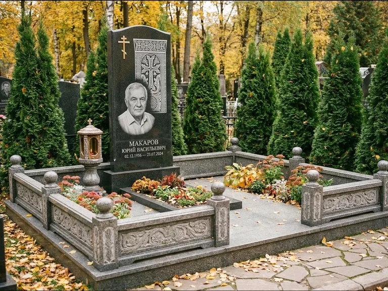 Памятник из чёрного гранита — стела с крестом и лампадой с армянским хачкаром, работа «Гущин» в Якутске