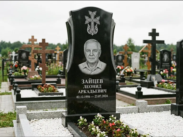 Памятник из чёрного гранита — семейная стела на двоих с армянским хачкаром, работа «Журавлёв» в Якутске