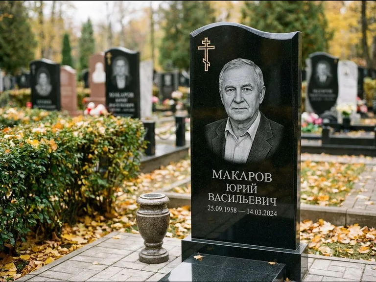 Памятник из чёрного гранита — фигурная стела с киот-нишей с процветшим крестом с виноградной лозой, работа «Богданов» в Якутске