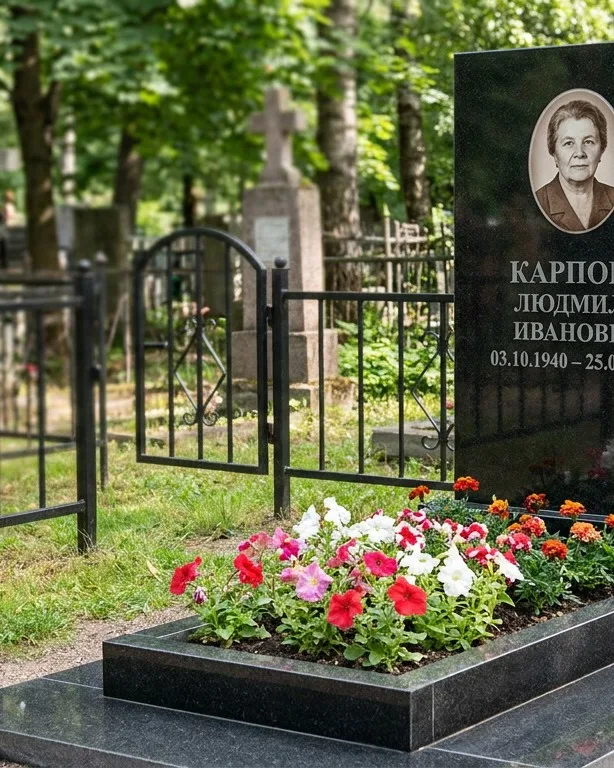 Памятник под ключ с низкой оградой и цветником в Якутске