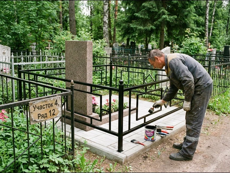 Покраска оградки на кладбище в Якутске — мастер красит металлическую ограду на могиле чёрной эмалью