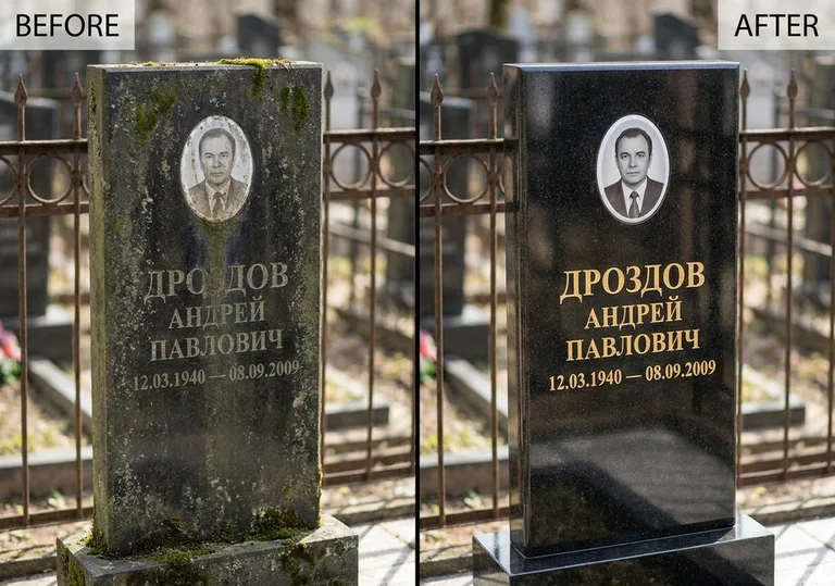 Чистка и полировка гранитного памятника: до и после в Якутске