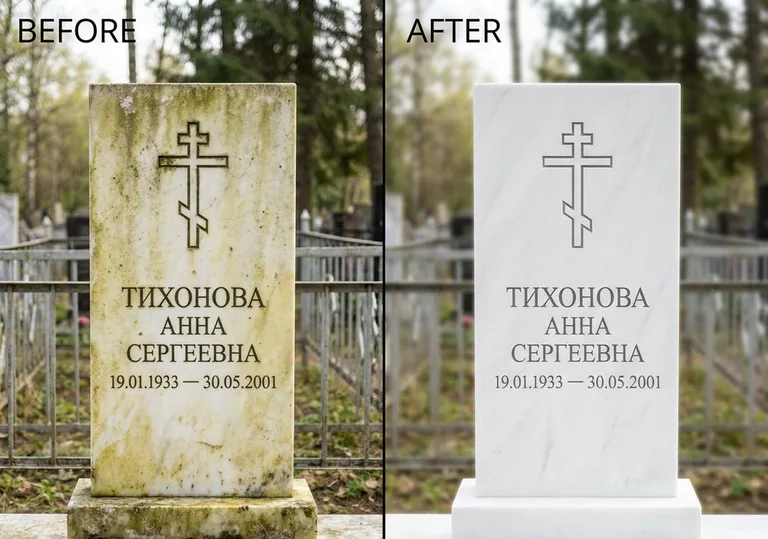 Восстановление мраморного надгробия от желтизны: до и после в Якутске