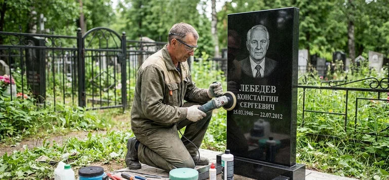 Реставрация памятника в Якутске — восстановление гранита, заделка трещин и обновление надписей на кладбище